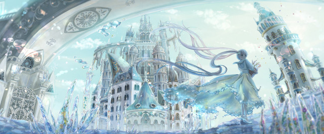 Обои картинки фото аниме, город,  улицы,  здания, девушка