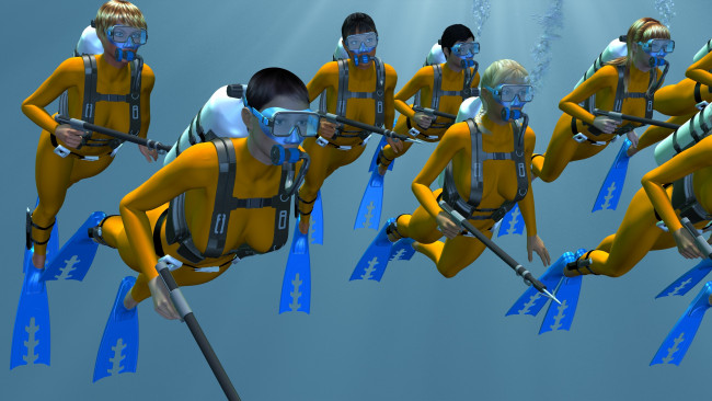 Обои картинки фото 3д графика, фантазия , fantasy, взгляд, оружие, фон, море, девушки