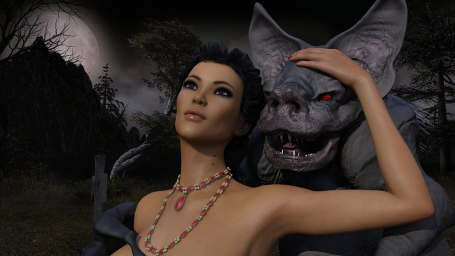 Обои картинки фото 3д графика, существа , creatures, фон, взгляд, вампир, грудь, девушка