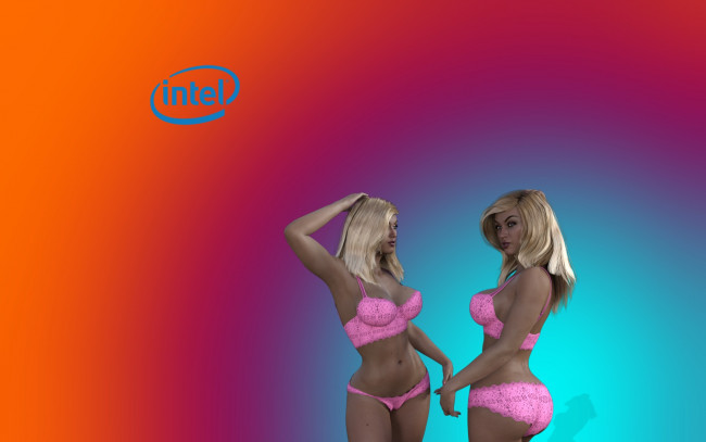 Обои картинки фото компьютеры, intel, девушки, взгляд, фон