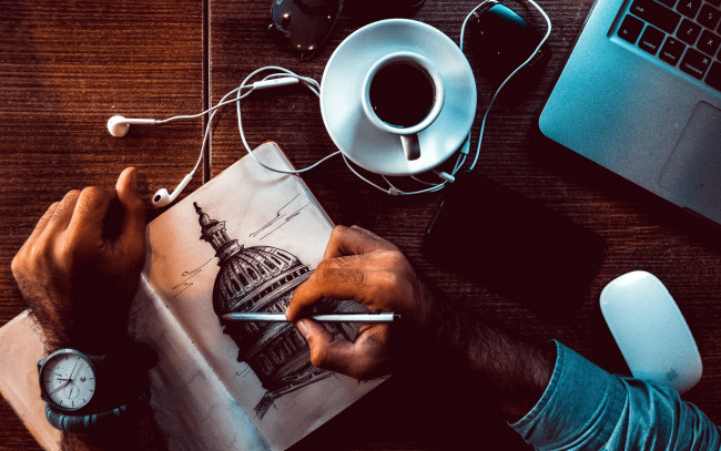 Обои картинки фото разное, руки, кофе, художник, рисунок, наушники, часы