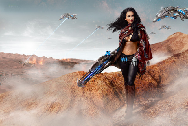 Обои картинки фото разное, cosplay , косплей, девушка, фон, оружие