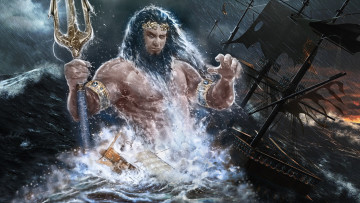 Картинка поседон фэнтези русалки коробли гроза шторм море нептун