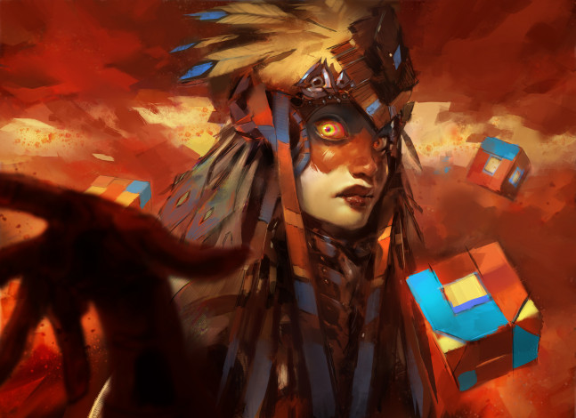Обои картинки фото фэнтези, девушки, девушка, фон, взгляд, кубик