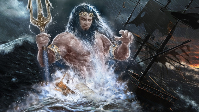 Обои картинки фото поседон, фэнтези, русалки, коробли, гроза, шторм, море, нептун