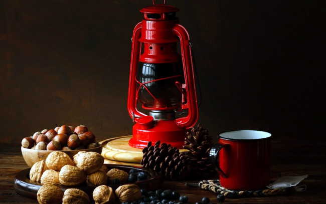 Обои картинки фото еда, орехи,  каштаны,  какао-бобы, шишки, фонарь