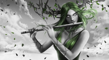 Картинка фэнтези существа дудка рога взгляд фон девушка