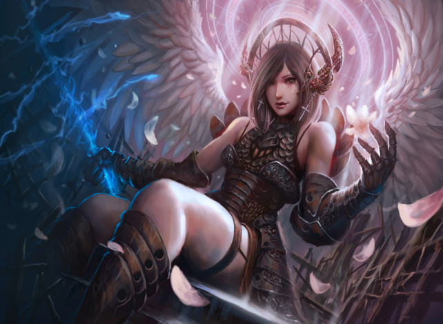 Обои картинки фото фэнтези, ангелы, девушка, фон, взгляд, нимб, крылья