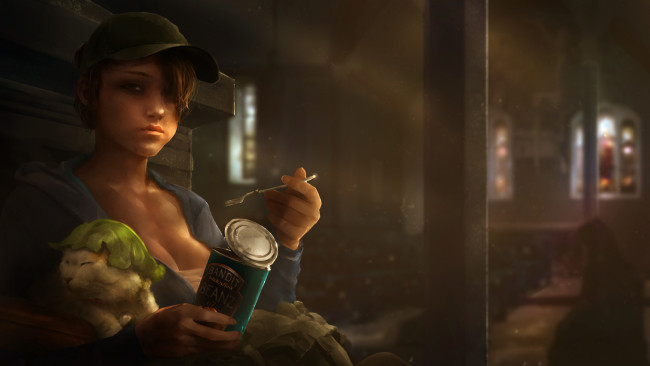 Обои картинки фото видео игры, dayz standalone, банка, фон, взгляд, кот, девушка