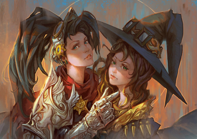 Обои картинки фото фэнтези, девушки, латы, взгляд, фон