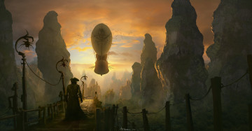 Картинка фэнтези иные+миры +иные+времена человек мост летучий корабль скалы