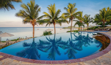 обоя интерьер, бассейны,  открытые площадки, пляж, пальмы, океан, бассейн, африка, курорт, танзания, занзибар, sea, cliff, resort, mangapwani, zanzibar, kama, village