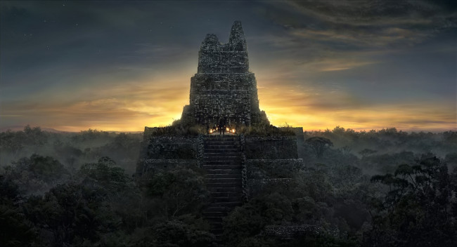 Обои картинки фото кино фильмы, the fountain, развалины, огни, лестница, лес, закат