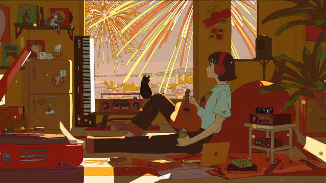 Обои картинки фото аниме, город,  улицы,  интерьер,  здания, девушка, инструменты, кот, салют, комната