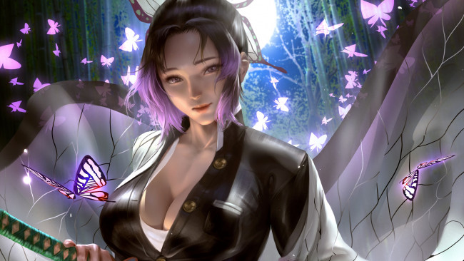 Обои картинки фото клинок рассекающий демонов, аниме, demon slayer,  kimetsu no yaiba, demon, slayer, kimetsu, no, yaiba, девушка, взгляд, хашера, kochou, shinobu, бабочки