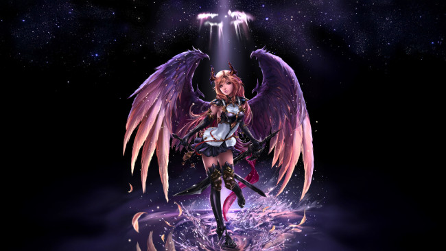 Обои картинки фото фэнтези, ангелы, девушка, ангел, крылья, нимб, рога, оружие