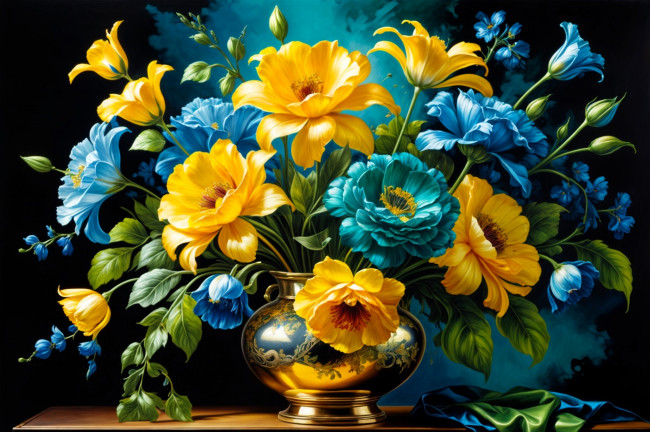 Обои картинки фото рисованное, цветы, букет, ваза, стол