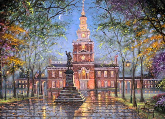 Обои картинки фото robert finale, рисованное, деревья, осень, листья, памятник, площадь, фонарь, здание, месяц