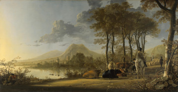 обоя aelbert, cuyp, river, landscape, with, horseman, and, peasants, рисованные, озеро, деревья, охотник, алберт, кейп, пастух, коровы, пейзаж