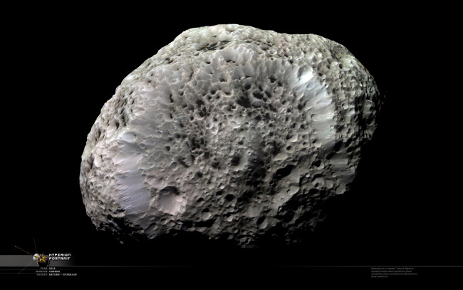 Обои картинки фото космос, спутники, сатурна, планета, тёмный, безконечность, спутник, hyperion