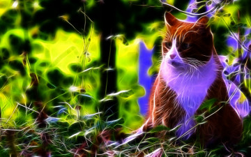 Картинка 3д графика animals животные зелень листья трава cat