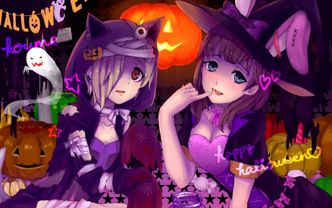 Обои картинки фото аниме, halloween, magic, девушки