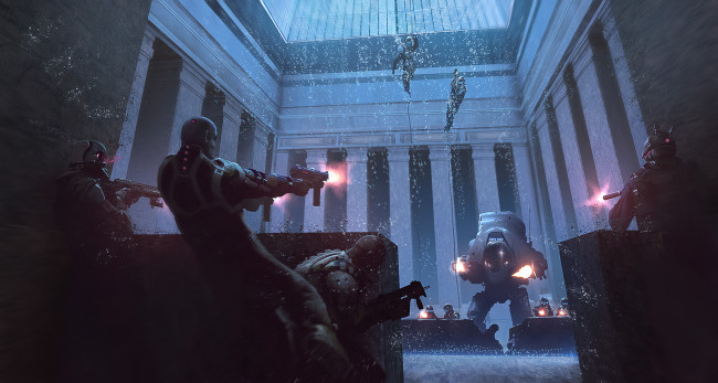 Обои картинки фото фэнтези, роботы,  киборги,  механизмы, бой, cyberpunk, перестрелка, киборг, робот