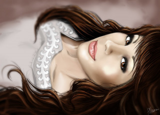 Картинка рисованное люди лежит челка арт девушка взгляд карие глаза волосы