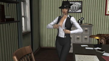 Картинка 3д+графика люди+ people фон взгляд девушка стол шляпа сигарета офис кофточка