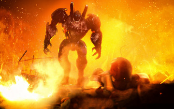 обоя фэнтези, роботы,  киборги,  механизмы, робот, разваленны, огонь, руины