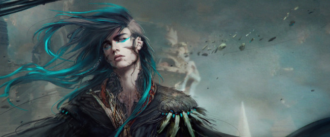 Обои картинки фото фэнтези, эльфы, парень, камни, волосы, эльф