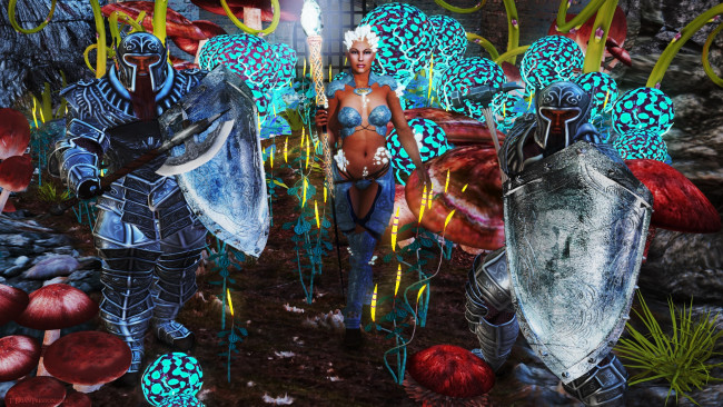 Обои картинки фото 3д графика, фантазия , fantasy, воины, тотем, фон, взгляд, девушка