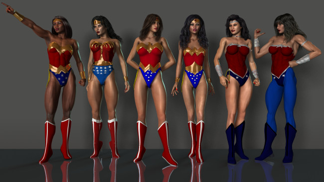 Обои картинки фото 3д графика, люди , people, девушки, супермены, фон, взгляд