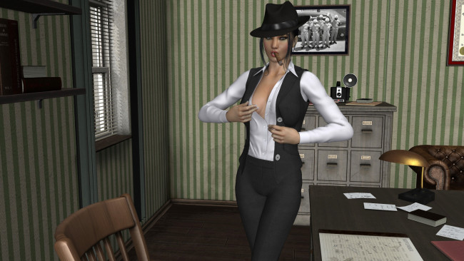 Обои картинки фото 3д графика, люди , people, фон, взгляд, девушка, стол, шляпа, сигарета, офис, кофточка