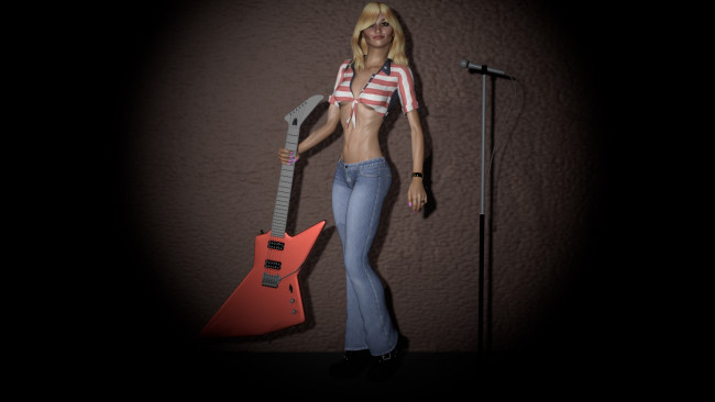 Обои картинки фото 3д графика, люди , people, взгляд, фон, гитара, девушка