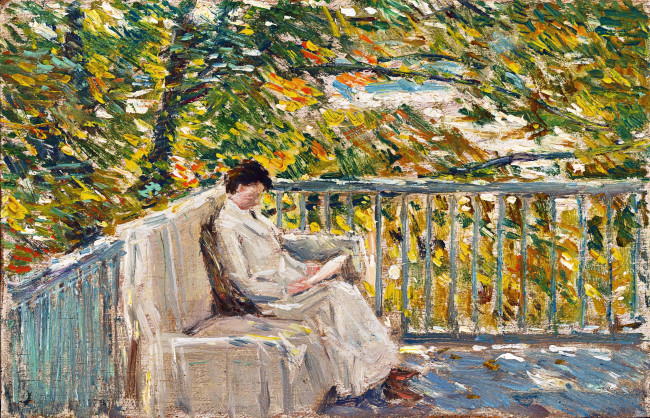 Обои картинки фото the balcony, рисованное, frederick childe hassam, балкон, осень, деревья, диван, книги, чтение, женщина