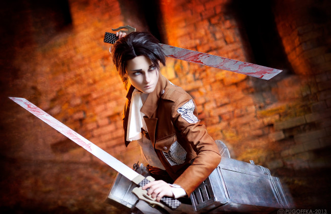 Обои картинки фото разное, cosplay , косплей, атака, титанов, арт, лезвия, леви
