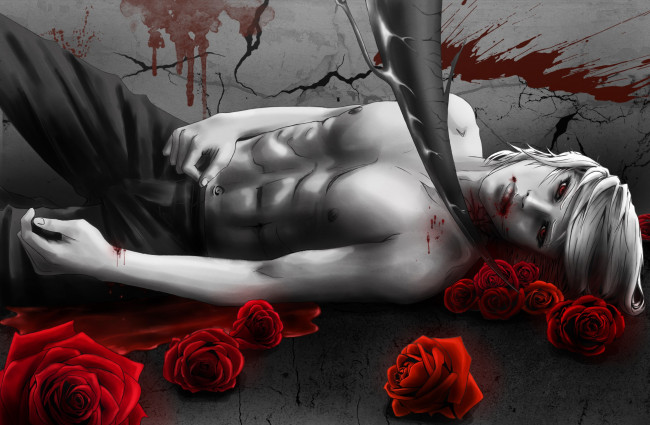 Обои картинки фото разное, арты, парень, кровь, арт, взгляд