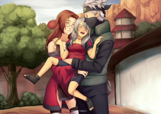 Обои картинки фото разное, арты, девочка, арт, девушка, парень, аниме, какаши, романтика, семья, наруто