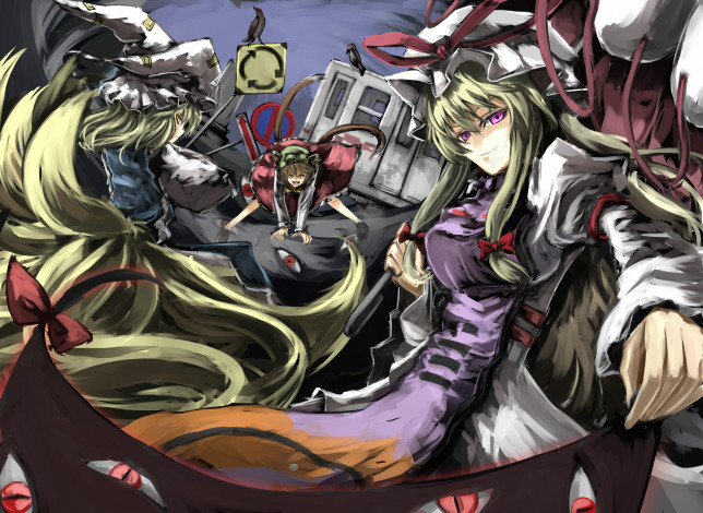 Обои картинки фото аниме, touhou, фон, девушки, взгляд