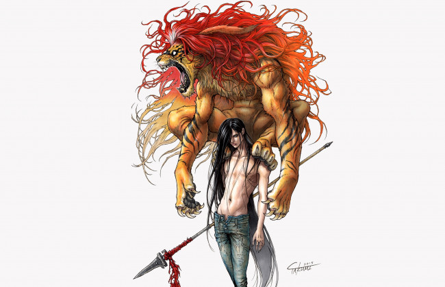 Обои картинки фото аниме, ushio to tora, копьё, демон, парень