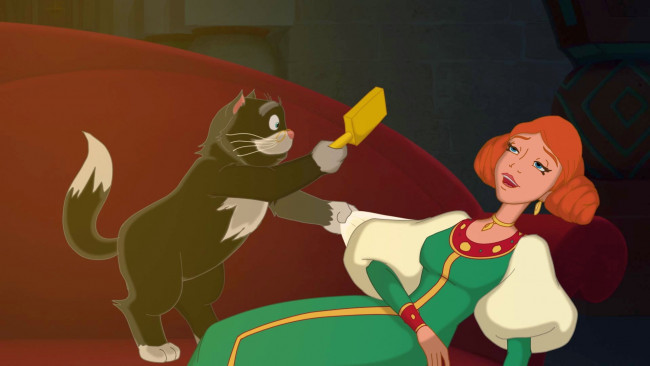 Обои картинки фото мультфильмы, иван царевич и серый волк 3, диван, кот, девушка, эмоции