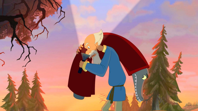 Обои картинки фото мультфильмы, иван царевич и серый волк 3, деревья, ночь, фонарь, рыба, лес, дедушка