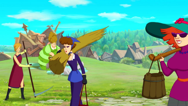 Обои картинки фото мультфильмы, иван царевич и серый волк 3, коса, изба, очки, женщина, девушка, шляпа