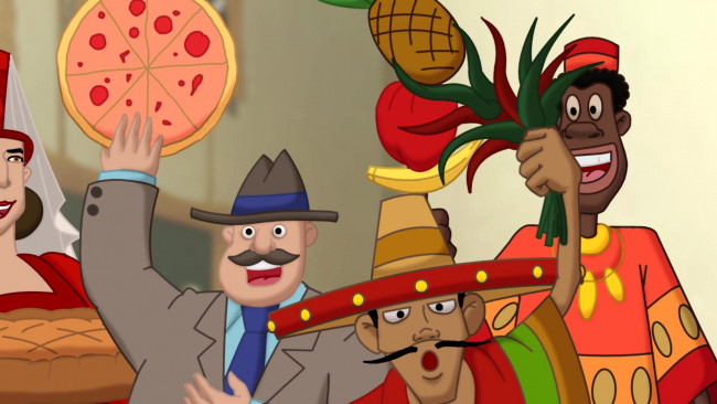 Обои картинки фото мультфильмы, иван царевич и серый волк 3, пицца, люди, шляпа, ананас, эмоции