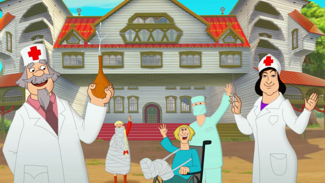 Обои картинки фото мультфильмы, иван царевич и серый волк 3, врач, гипс, доктор, люди, клизма, здание