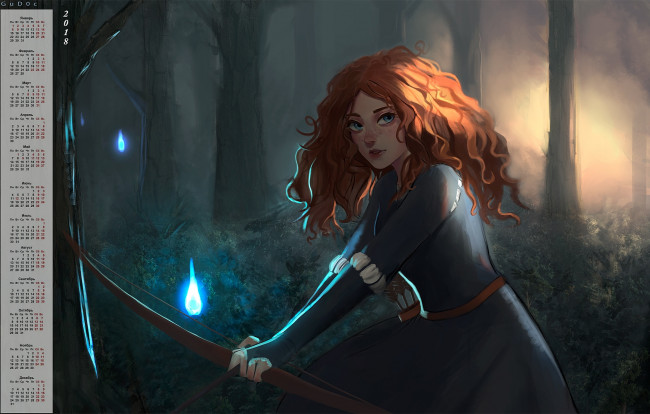 Обои картинки фото календари, кино,  мультфильмы, лук, взгляд, лес, девушка