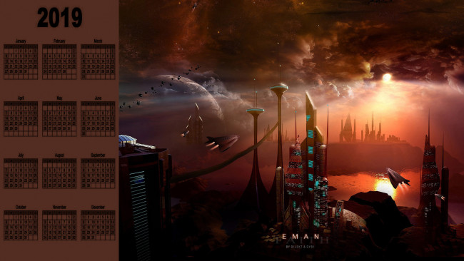 Обои картинки фото календари, фэнтези, сооружение, здание, планета, звездолет
