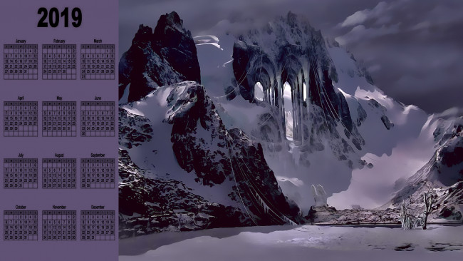 Обои картинки фото календари, фэнтези, ворота, снег, скала