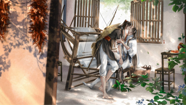 Обои картинки фото аниме, mo dao zu shi, вэй, усянь, лань, ванцзы, ткацкий, станок, рыба